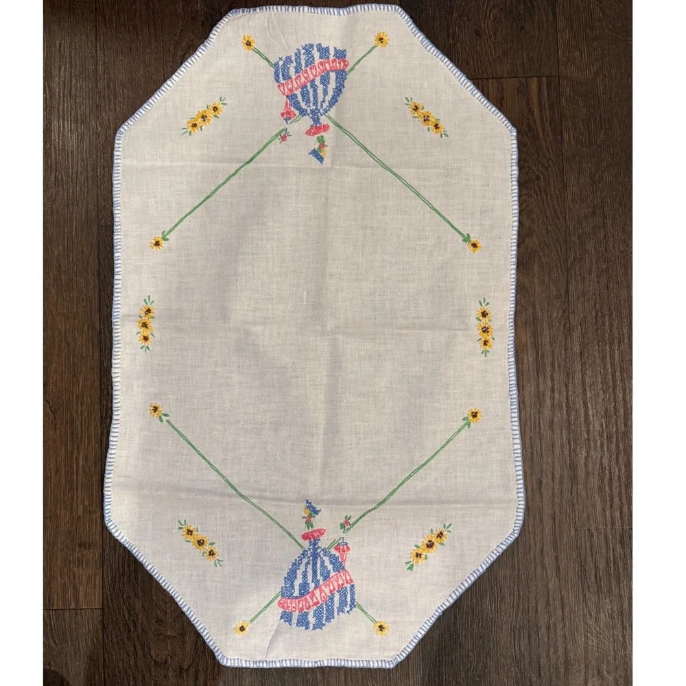 Vintage 17X34 Embroidered Table Runner Crinoline Lady Sunflower White Linen Blue